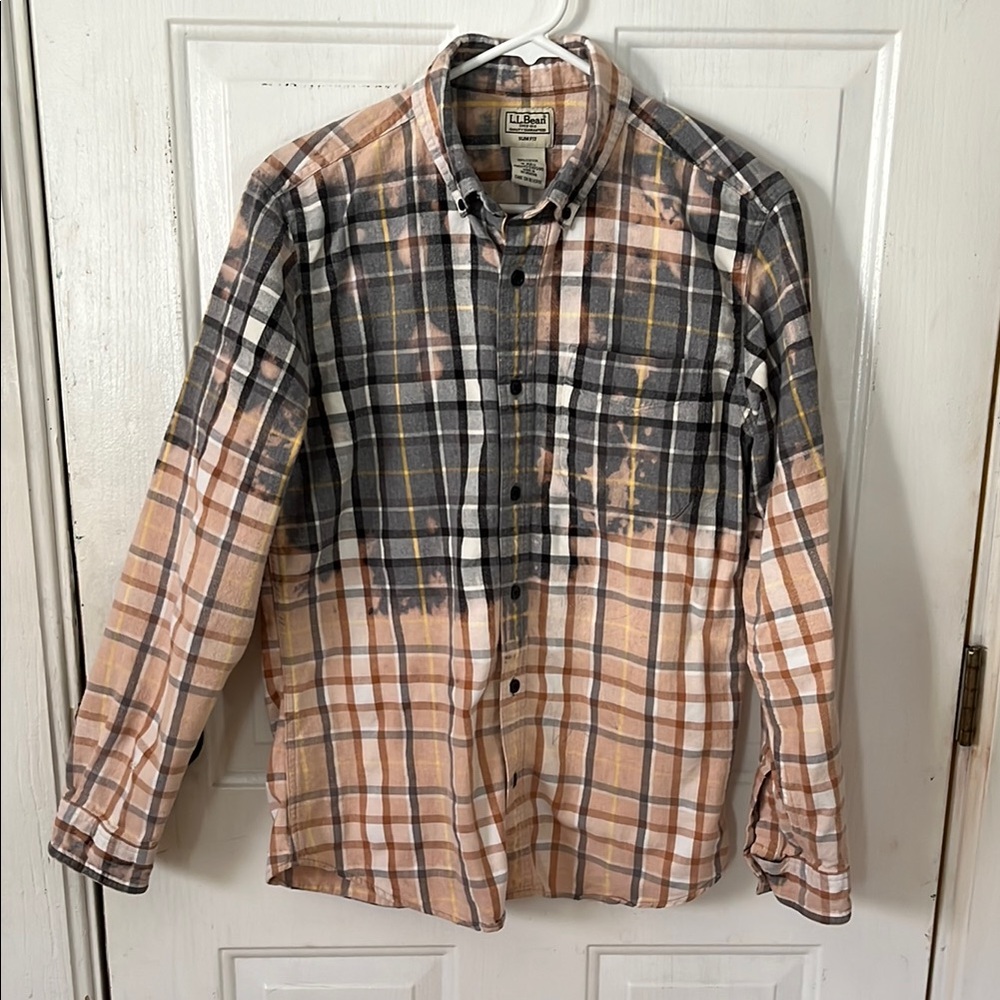 L.L. Bean Distressed Plaid Button-Up Shirt - Black, Gray and Tan size Medium